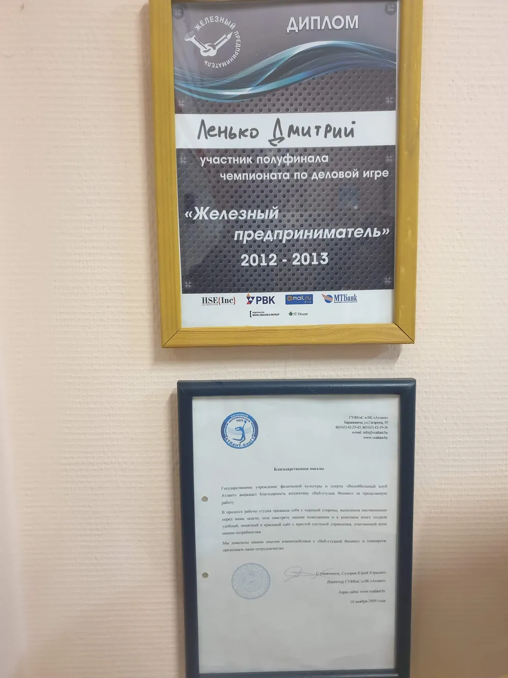 Профессиональная награда и благодарственное письмо